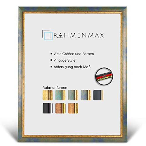 RahmenMax® Elsass A3 Bilderrahmen 29,7x42 cm zum Aufhängen/Vintage Bilderrahmen Maßanfertigung möglich/Posterrahmen aus Holz/Bilder Rahmen in Blau-Gold mit Acrylglas/Puzzle Rahmen von RahmenMax