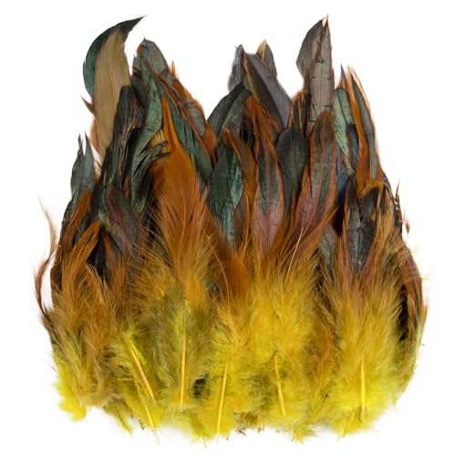 Raibertin 5-7Inch Natural Saddle Hill RoosterPheasant Feather for Crafts Kostüme Natural Coque Rooster hackel Feather DIY Schmuck Hüte Dream Catcher Pack of 100 pcs (gelb) von Raibertin