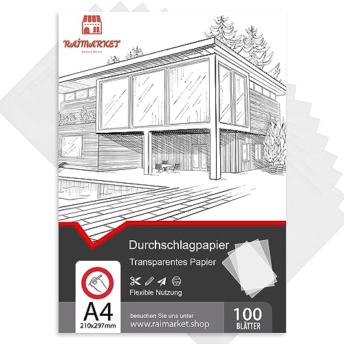 Raimarket Transparentpapier A4 (8"x11") 100 Blätter Premium Pauspapier & Pergamentpapier - Ideal for Architekturskizzen, Modedesigns, Filigrane Kunstwerke, and Printing (60 g/m²) von Raimarket