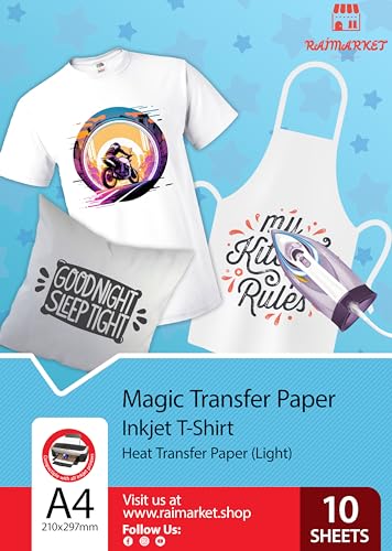 Transferpapier/Bügelpapier für HELLE Textilien/Stoffe von Raimarket | 10 Blatt | A4 Inkjet Bügeleisen auf Papier/Transferfolie/T-Shirt-Transfers | Textilefolien | DIY Stoffdruck (10) von Raimarket