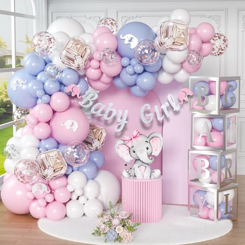 165 Stück Babyparty Dekorationen für Mädchen, Geburtstag Mädchen, Ballon Girlande Bogen, Banner und Luftballons Boxen, Elefant Babyparty und Geburtstagsdekorationen von RainMeadow