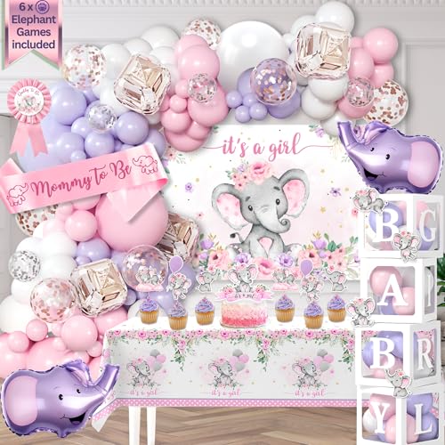 169 Stück Premium Rosa Elefant Baby Shower Dekorationen Mädchen, Ballon Girlande Bogen, Luftballons Boxen, It's A Girl Hintergrund, Tischdecke, Tortenaufsatz - Decoracion de Baby Shower Para Niña von RainMeadow