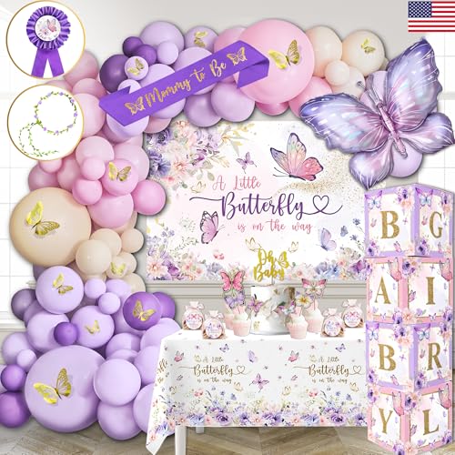 195 Stück Schmetterling Babyparty Dekorationen für Mädchen mit rosa und lila Schmetterling Ballonbogen Kit, Baby Mädchen Boxen, Hintergrund, Tischdecke, Schärpe, Kuchen und Cupcake Topper, Krone und von RainMeadow