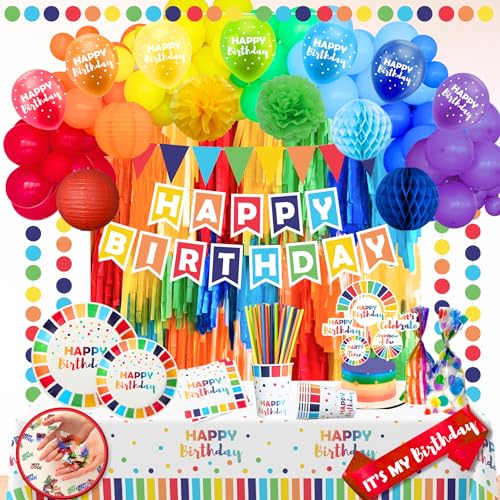 489-teiliges Happy Birthday Dekorationsset, All-in-1 Festliches Party-Dekor-Zubehörpaket für Jungen und Mädchen mit Regenbogen-Ballonbogen-Set, Banner, Teller und Tassen für 25 Gäste – Mehrfarbig von RainMeadow