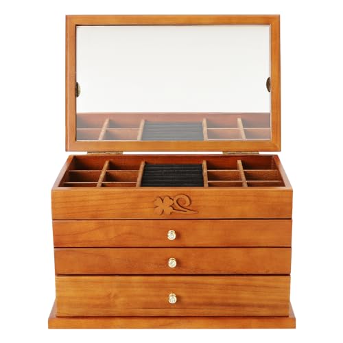 Schmuckkasten Holz Groß Schmuckkästchen 4 Etagen Schmuckschatulle mit Spiegel Vintage Braun Schmuckbox Geschenk für Mutter Freundin Damen von RainWeel