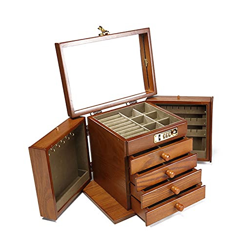 Schmuckkasten Holz Schmuckschatulle Groß Vintage Schmuckkästchen mit 5 Ebenen und 2 ausklappbare Schränke, Schmuckbox mit Zahlenschloss und Spiegel, Braun von RainWeel