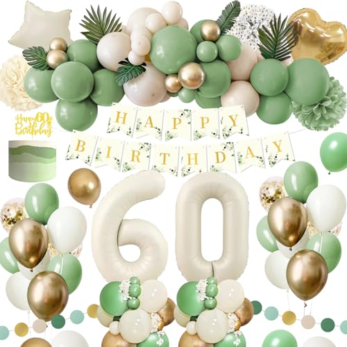 Deko 60 Geburtstag Frau Mann,Geburtstagsdeko 60 Männer Frauen,60 Geburtstag Frauen Avocado Grüne Gold Sandweiß Luftballons mit Happy Birthday Banner,Pompoms für Frau Mann 60. Geburtstag Dekorationen von Rainllon