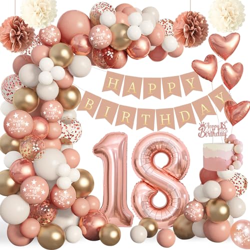 Deko 18 Geburtstag Mädchen,Rainllon Geburtstagsdeko 18 Mädchen,18. Geburtstag Deko Rosegold luftballons 18. Jahre,Happy Birthday Banner,Pompom für 18 Geburtstag Mädchen Luftballon Girlande Party Deko. von Rainllon