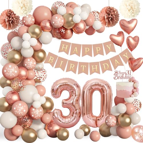 Deko 30 Geburtstag Frauen Mädchen,Rainllon Geburtstagsdeko 30 Frauen,30. Geburtstag Deko Roségold,luftballons 30. Jahre mit Happy Birthday Banner,Pompoms für Frau Mann 30. Geburtstag Dekorationen von Rainllon