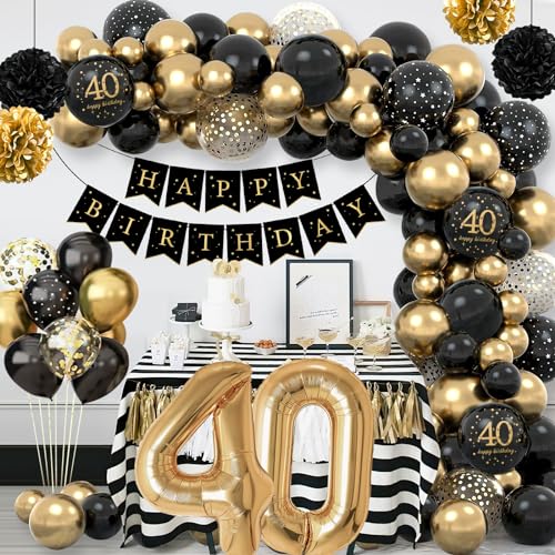 40 Geburtstag Deko Männer Frauen,40. Geburtstag Frau Mann,40 Jahr Geburtstagdeko Luftballons Schwarz Gold,Deko 40 Geburtstag Mit Happy Birthday Banner,Pompoms für Frau Mann 40 geburtstag Birthday Deko von Rainllon