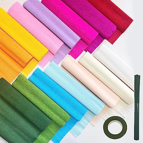 Krepppapier-Blumen-Bastelset, 14 Rollen Regenbogenfarben, Krepppapierrollen, 2,4 m lang, 25,4 cm breit, 50 Stück grüner Blumendraht und 1 Rolle grünes Klebeband für Geburtstagsparty, Hochzeit, von Rainmae