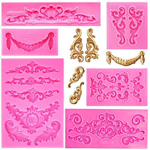 Rainmae 6 Stück Barockstil Curlicues Schnörkel Spitze Fondant Silikonform Relief Blume Spitze Form Filigrane Form 3D geformte Dekoration Cupcake Topper, Schmuck, Polymerton, Bastelprojekte von Rainmae