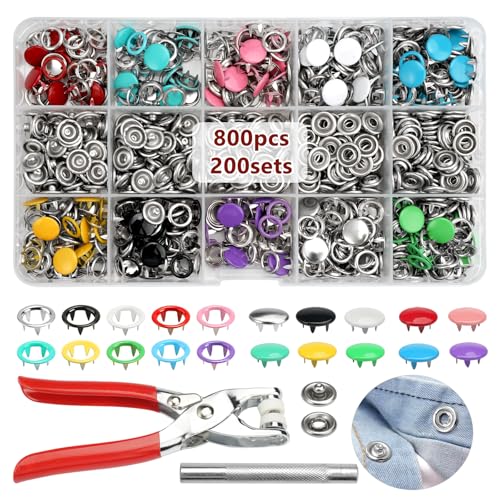 200 Sets Druckknöpfe Metall mit Zange Druckknopf Set mit Feste Knöpfe Werkzeug Jersey Zange Druckknöpfe Ohne Nähen für DIY-Kleidung, Baby-Kinderkleidung, Kleidungsreparatur, 9,5 mm, 10 Farben von Rairsky