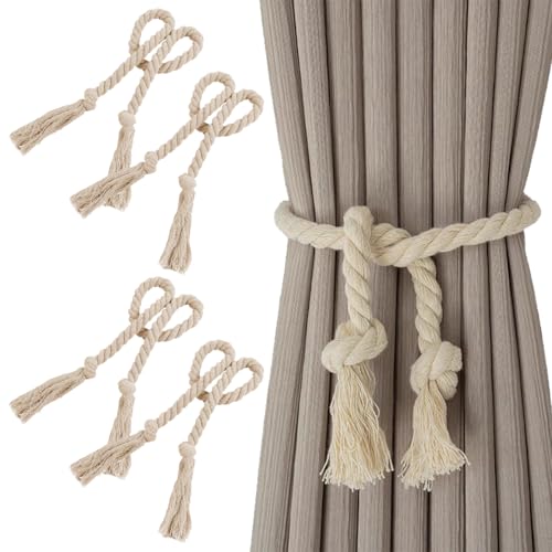 4 Stück Vorhangseil Raffhalter, Raffhalter Vorhang Seil, Gardinen Raffhalter Beige Baumwolle, Raffhalter für Gardinen Halterung, Curtain Rope Buckle, Vorhang Halter für Haus Büro Vorhang Dekoration von Rairsky