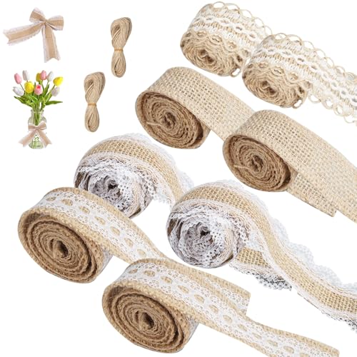 8 Rollen Jute Band, Juteband mit Spitze, Spitzenband Vintage, Geschenkband Hochzeit, Dekoband Natür mit 2 Juteseil, Juteband Breit für Hochzeit, Kunsthandwerk, Geschenkverpackungen, Dekorationen von Rairsky