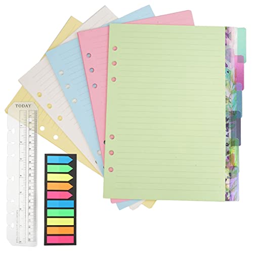 A5 Nachfüllbare Notizpapier Set, A5 Papier 6 Loch, 50 Blätter A5 Papier Nachfüllpapier Liniert, 6 Stücke Trennblätter A5, 200 Stücke Sticky Tabs Farbige, 20cm Lineal, a5 Ringbuch Nachfüllpapier von Rairsky