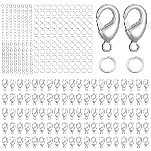 Kettenverschluss Set, 500 Stücks Verschluss Armband Set, Schmuckverschluss, Offene Biegeringe 7*5mm, Verlängerungsketten 50mm, Karabinerverschlüsse 12mm, Ketten Verschlüsse für DIY Schmuckherstellung von Rairsky