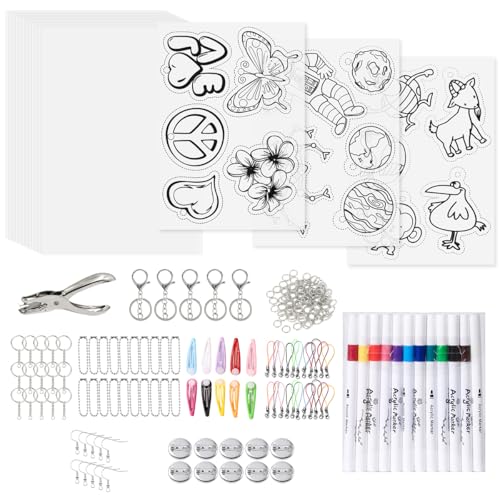 Rairsky 218 Stück Schrumpffolie Set, Schrumpffolien Set, Enthält 15 Stück A5 Schrumpfpapier, Locher, 12 Stück Farbmarker und 206 Stück DIY Schlüsselanhänger Zubehör für DIY Crafts Schmuckherstellung von Rairsky