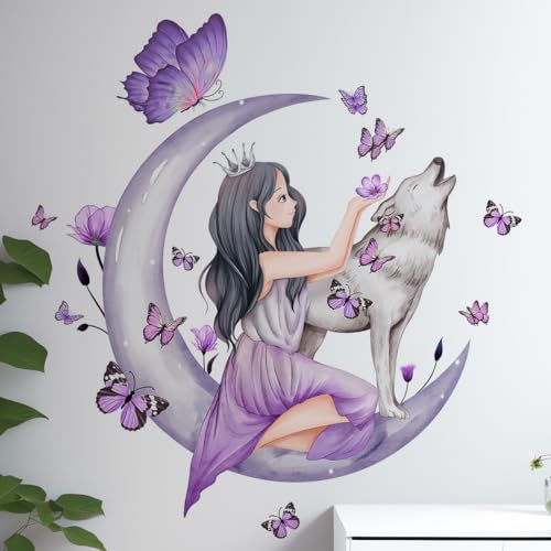 Wandtattoo Mädchenzimmer, Mond Wolf Blume Fee Wandabziehbild, Wandtattoo Schlafzimmer Erwachsene, Schmetterling Wandaufkleber, Wandtattoo Jugendzimmer Mädchen für Schlafzimmer, Zimmer, Wohnzimmer von Rairsky