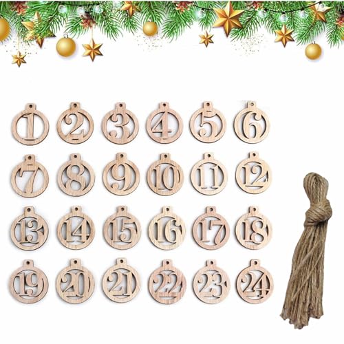 Adventskalender zum Basteln Zahlen Holzanhänger Runder Holzziffern Weihnachtsanhänger 1-24 Weihnachten Countdown Zahlen Geschenkanhänger,für Weihnachten Kalender zum Selber Basteln und Verzieren von Rakiuty