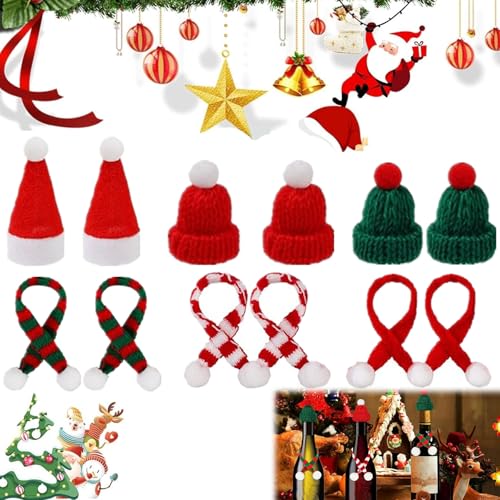 Rakiuty Mini Weihnachtsmütze und Schal Set, Mini-Weihnachtsmütze und Mini-Schal, Mini-Strickmütze Des Weihnachten, Mini Strickmützen für Weihnachtsfeier Dekor, Flaschendeko und Tischdeko,12 Stück von Rakiuty