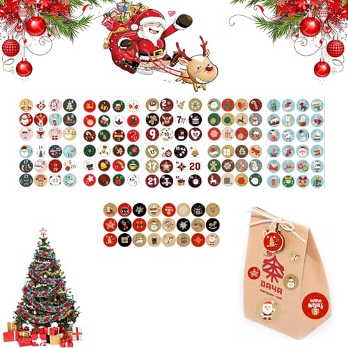 Weihnachtssticker Set,Aufkleber Weihnachten,Weihnachtssticker,Weihnachtsaufkleber Weihnachtsdekoration,Selbstklebend Geschenketiketten,für Geschenkverpackungen,Adventskalender Zahlen Aufkleber,6 Blatt von Rakiuty