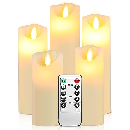 Randaco Kerzen Set 5 flammenlose Kerzen (13cm, 14cm, 16cm, 18cm, 20cm) mit realistisch flackernden LED-Flammen, batteriebetrieben, inklusive Fernbedienung und Timer-Funktion-Elfenbeinweiß von Randaco