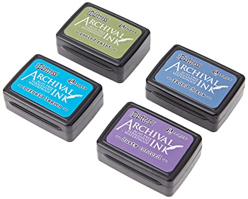 Ranger RGRAITK.64862 AITK64862 Distress Archival Mini Ink Kit 2 – geschälte Farbe/Mermaid Lagoon/verblasste Jeans/Dusty Concord, Kunststoff, verschieden, 4 Pads von Ranger