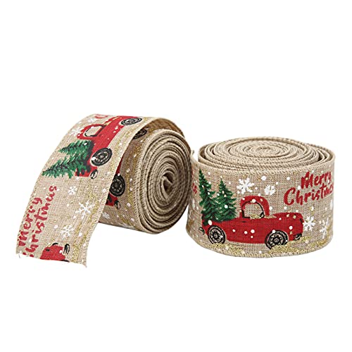 Rankomu Ribbonsfor Crafts Weihnachtsbänder 2 Stück, Cartoon-Retro-LKW-Muster, 5 Meter, dekoratives Zubehör, Geschenkband zum Verpacken und Basteln, Hanfmaterial von Rankomu