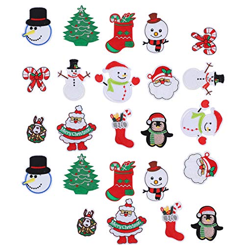 Rankomu Sticktuch Aufkleber 24 Stück Weihnachten Patches, Stickerei Tuch Aufkleber für DIY Projekte, Weihnachtsmann und Schneemann Designs, Aufbügler Weihnachten Zubehör von Rankomu