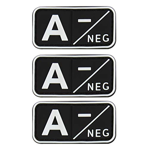 Blutgruppen Klett Patch Rubber Blutgruppe Aufnäher 3 Stück A/B/O/AB NEG POS Schwarz Nachtleuchtend CJ/XXT-01 (A-) von Ranstac