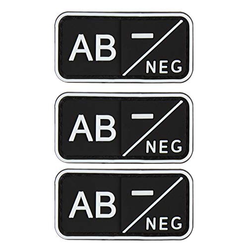 Blutgruppen Klett Patch Rubber Blutgruppe Aufnäher 3 Stück A/B/O/AB NEG POS Schwarz Nachtleuchtend CJ/XXT-01 (AB-) von Ranstac