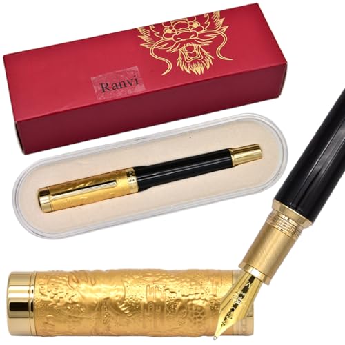 Ranvi Jinhao Drachen-Füllfederhalter, Mittlere Feder, Goldener Drachen mit stereoskopischer Schnitzerei Design, inklusive Geschenkbox (Schwarz) von Ranvi