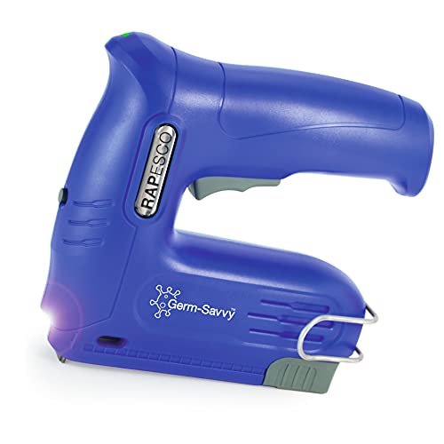 Rapesco 1634 Germ-Savvy Antibakteriell Kabellose elektrische Heft-/Nagelpistole T12-USB mit 4V Lithium-Ionen-Akku, Blau von Rapesco