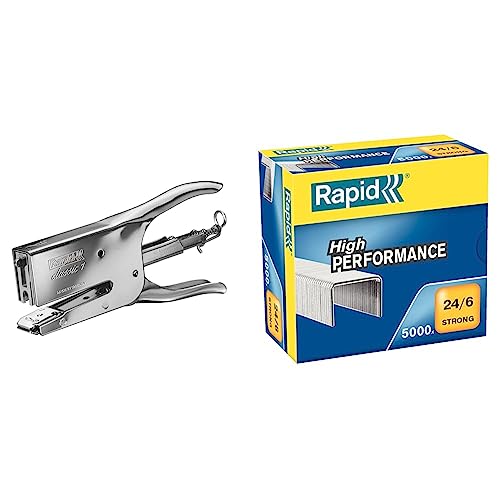 Rapid 10510601 Heftzange K1 (Metall, Heftleistung 50 Blatt, Heftklammerntyp 24) chrom & Heftklammern (24/6 mm, Strong, verzinkt) 5000 Stück von Rapid