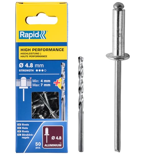 Rapid Blindnieten Aluminium Universal Ø 4,8mm, 4-7mm Klemmbereich, 50 Stk. Nieten, Set inkl. Bohrer, für Blindnietzangen von Rapid