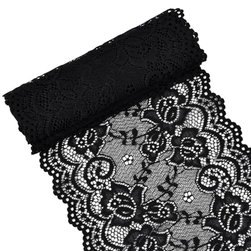 Schwarz Spitzenband 6in x 38.6in, Breiter Dekorativ Spitzenstoff, Vintage Stretch-Blumenmuster, Tüll Spitze zum Basteln, Nähen, Geschenkverpackungen, Brauthochzeitsdekorationen von Rapidbok