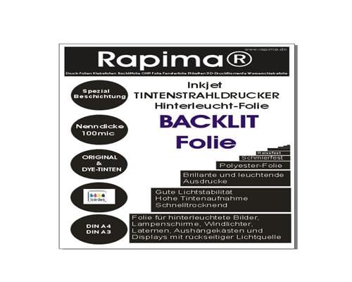 20x A4 BackLit Folie 160g /m² für Inkjet (Tintenstrahldrucker) 0,100mm – spezielle Hinterleucht – Folie zur Herstellung von Lampenschirmen Windlichtern Laternen Displays mit rückseitiger Lichtquelle von Rapima