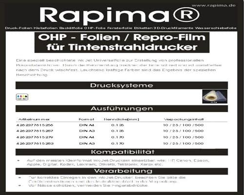 25 x A3 Inkjet Premium Overheadfolie für vollfarbige Ausdrucke in höchster Qualität - Reprofilm - leicht milchig für verbesserte Farbaufnahme für Qualitätsdrucke von Rapima