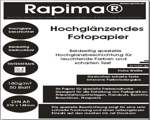 Fotopapier hochglänzend 180g /m² Beidseitig Bedruckbar 50x A5 Tinte Inkjet schnell trocknend wasserfest doppelseitig DIN A4 (210x297mm) von Rapima