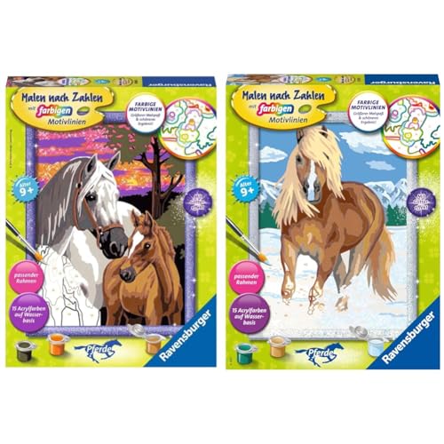 Ravensburger Malen nach Zahlen 28568 - Pferde im Sonnenuntergang - für Kinder ab 9 Jahren & Malen nach Zahlen 28780 - Haflinger im Schnee Kinder ab 9 Jahren von Ravensburger