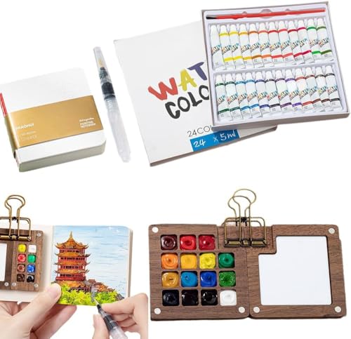 Mini Aquarell Travel Set, Mini Palette Aquarell mit Clips, Skizzenbuch Palette aus Holz, Tragbare Aquarell Palette, Tragbare Skizzenbuch-Palette (15 Fächern) von RawWeFactic