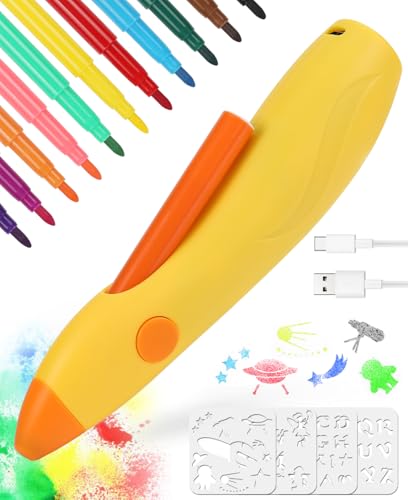 Rawhui Airbrush Set Kinder, Elektrischer Farbsprühstift mit 12 Filzstiften und Schablonen zum Malen & Zeichnen, Pustestifte Airbrush Stifte für Kinder mit Akku und USB-Kabel von Rawhui