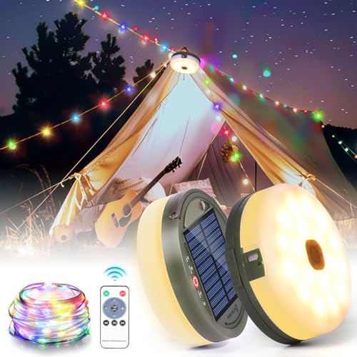 Rawhui Camping Lichterkette Solar Aufrollbar, 10M 100LEDs Lichterkette Außen Solar Campinglampe, Tragbare Lichterketten für Zelt RV Party im Freien Garten, Solar/USB Aufladen von Rawhui