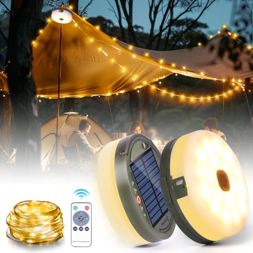 Rawhui Solar Camping Lichterkette Aufrollbar, 10M 100LEDs Lichterkette Außen Solar Campinglampe, Tragbare Lichterketten für Zelt RV Party im Freien Garten, 3600mAh Solar/USB Aufladen von Rawhui