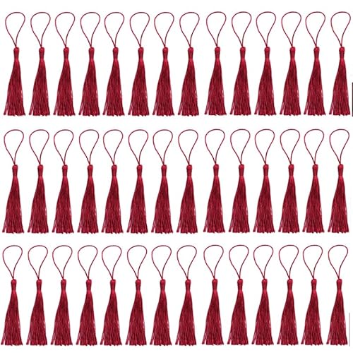 Seidige Quasten für Bastelarbeiten, Heimdekoration, handgefertigte Lesezeichen, Quasten, Dunkelrot, 100 Stück von RayLineDo