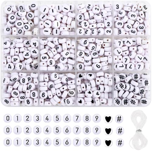 700Pcs Acryl Zahl Perlen in 12 Grid Box Weiß Runde Buchstaben Perlen 0 Bis 9 Lose Perlen Oder Name Armbänder Halsketten Schlüsselketten DIY Schmuck Machen von Rayead