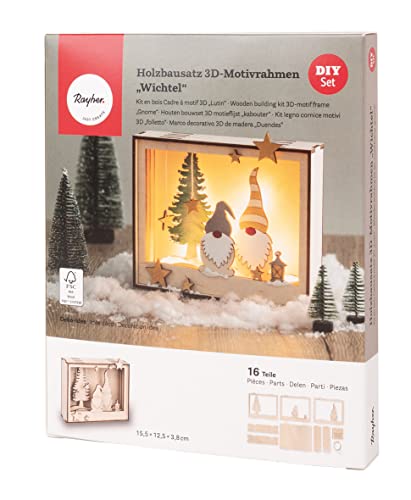 Rayher Holzbausatz Motivrahmen Wichtel, Holz FSC zertifiziert, natur, 15,5 x 12,5 cm, Tiefe 3,8 cm, 16-teilig, zum Basteln und Bemalen, 1 Set, 46670505, Beige von Rayher