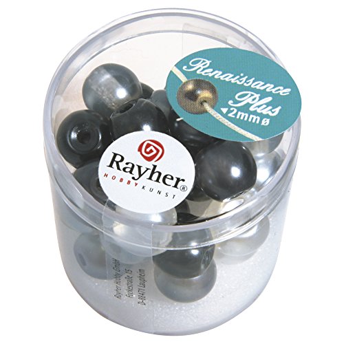 RAYHER 14477000 Renaissance Glaswachsperlen, halbtransparent, 10 mm mit Großloch, Dose 32 Stück, weiß / grau mix von Rayher