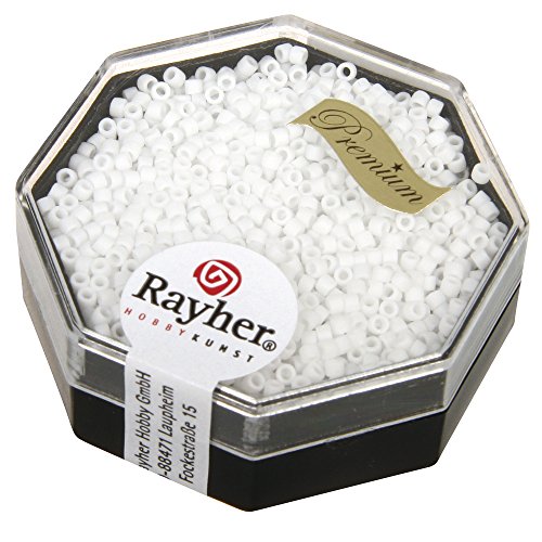 Rayher Delica-Rocailles, Miyuki-Rocailles, opak matt, schneeweiß, 1,6 mm ø, Dose 6 g, Perlen zum Auffädeln, Glasperlen klein, 14764100 von Rayher